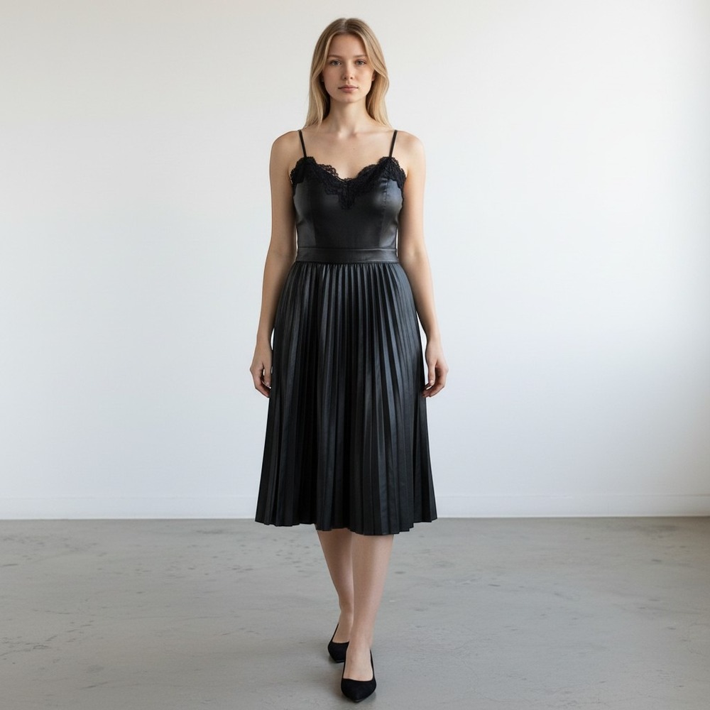 Express Dress Faux Leather Pleated Lace Trim S Black Womens Cocktail Party LBD